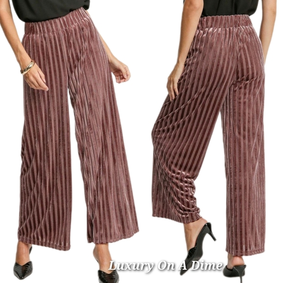 Umgee Velvet High-Rise Retro Pants Wide Leg Boho Metallic Stripe Elastic Waist - Picture 1 of 12